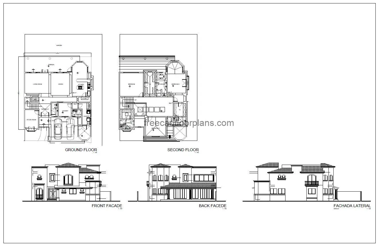 Plano de casa 47×50 con garaje doble dibujo PDF AutoCAD